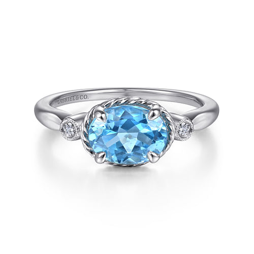 14K White Gold Oval Swiss Blue Topaz & Diamond Three Stone Ring