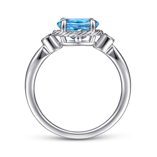 14K White Gold Oval Swiss Blue Topaz & Diamond Three Stone Ring