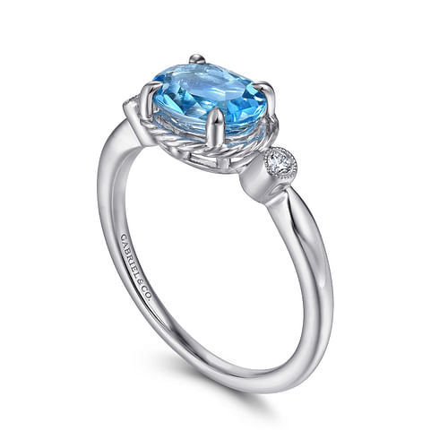 14K White Gold Oval Swiss Blue Topaz & Diamond Three Stone Ring