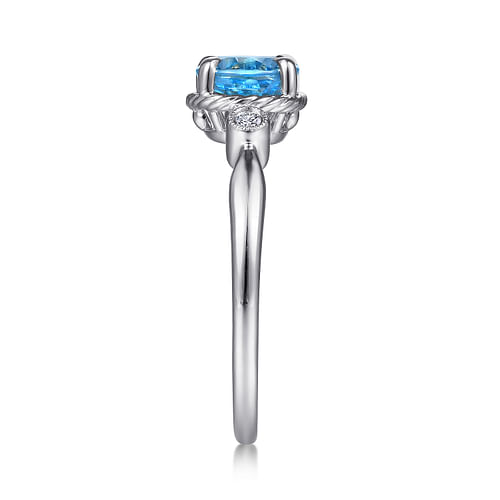 14K White Gold Oval Swiss Blue Topaz & Diamond Three Stone Ring