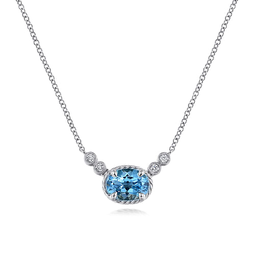 14K White Gold Oval Swiss Blue Topaz Pendant Necklace with Diamond Accents