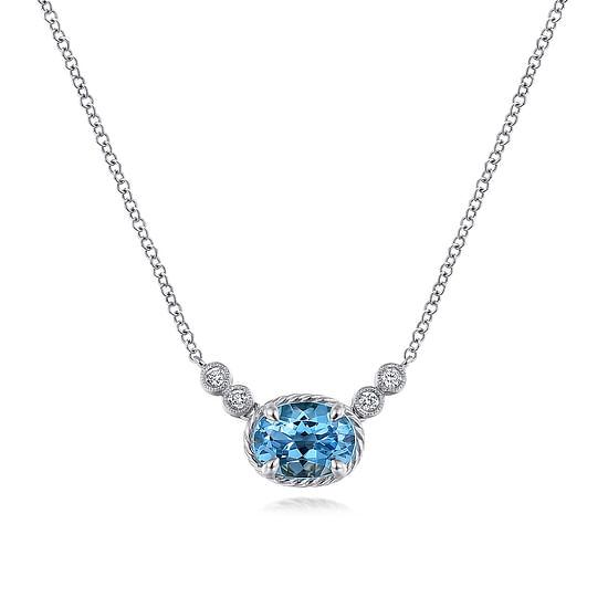 Gabriel - 14K White Gold Oval Swiss Blue Topaz Pendant Necklace with Diamond Accents