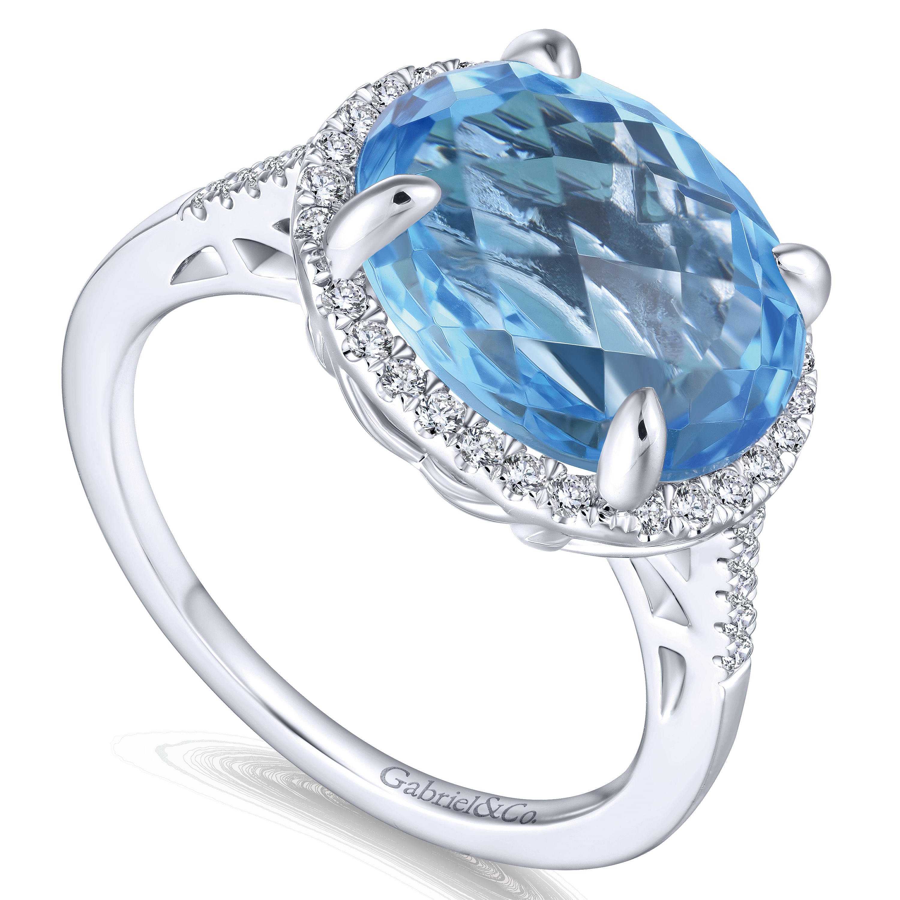14K White Gold Oval Swiss Blue Topaz and Diamond Halo Ring