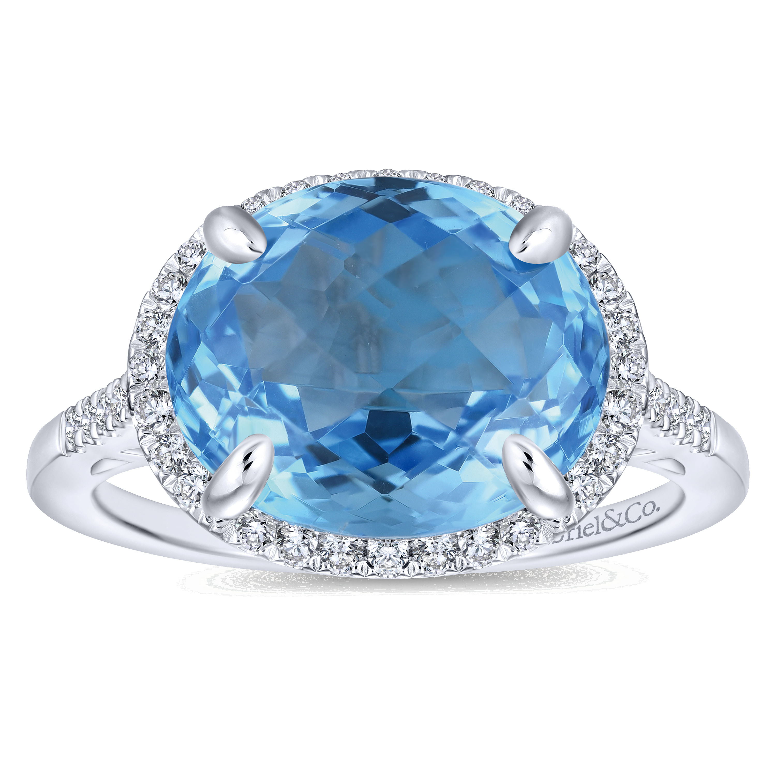 14K White Gold Oval Swiss Blue Topaz and Diamond Halo Ring