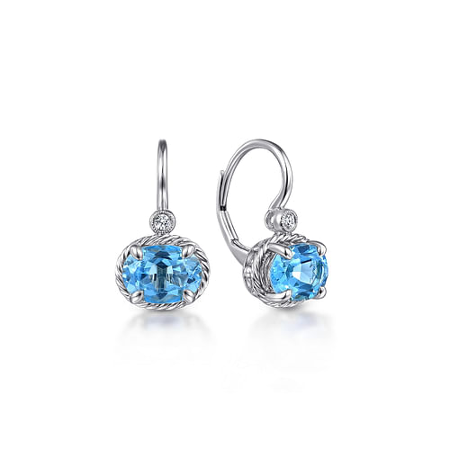 14K White Gold Oval Swiss Blue Topaz and Diamond Leverback Earrings