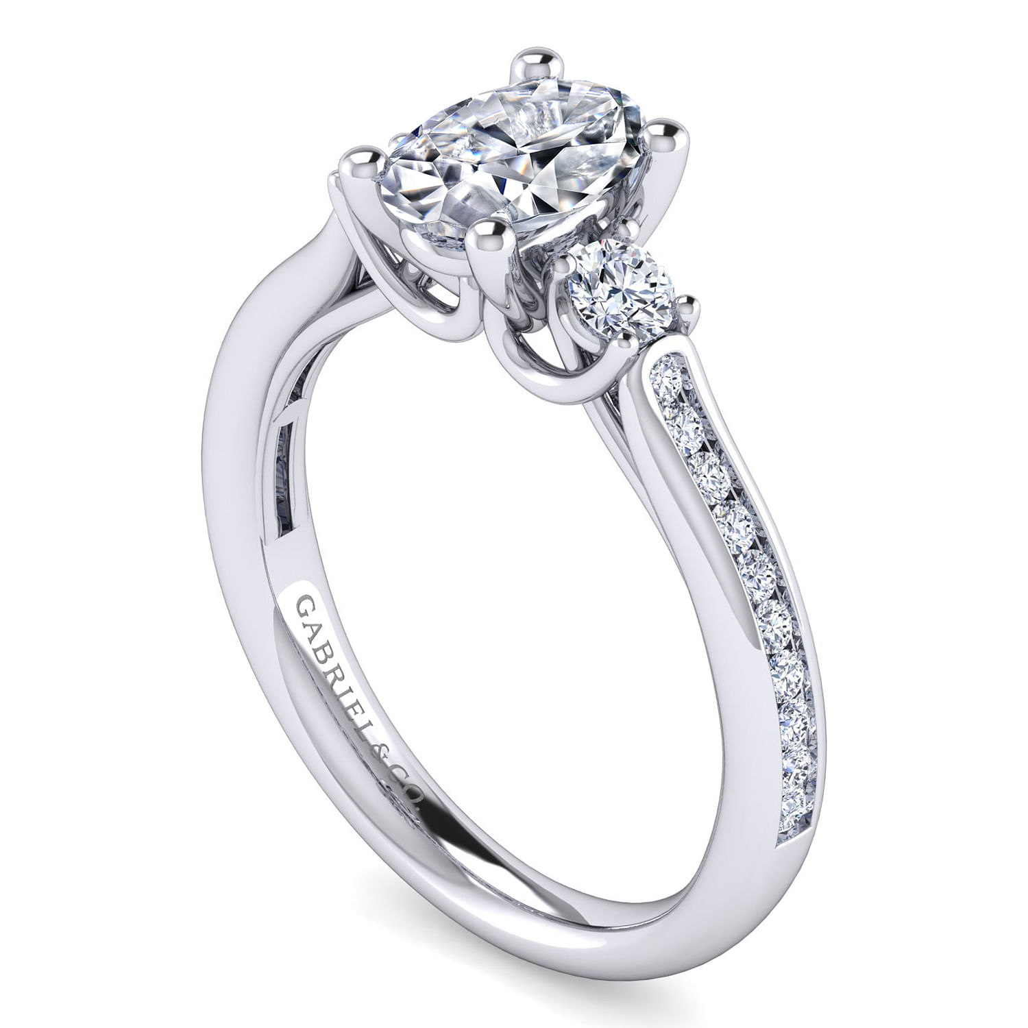 14K White Gold Oval Three Stone Diamond Channel Set Engagement Ring