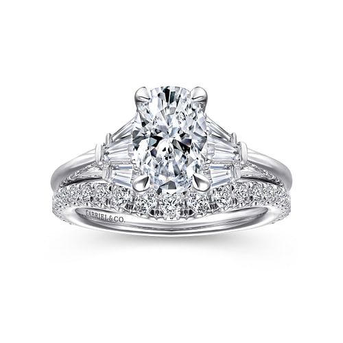 14K White Gold Oval Three Stone Diamond Engagement Ring