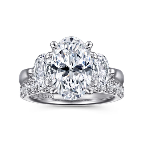 14K White Gold Oval Three Stone Diamond Engagement Ring
