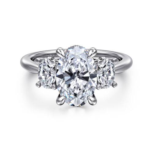 14K White Gold Oval Three Stone Diamond Engagement Ring