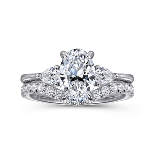 14K White Gold Oval Three Stone Diamond Engagement Ring