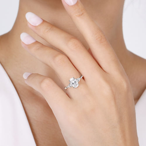 14K White Gold Oval Three Stone Diamond Engagement Ring