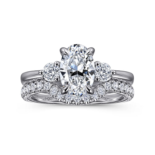 14K White Gold Oval Three Stone Diamond Engagement Ring