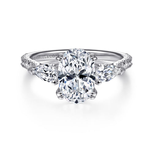 14K White Gold Oval Three Stone Diamond Engagement Ring