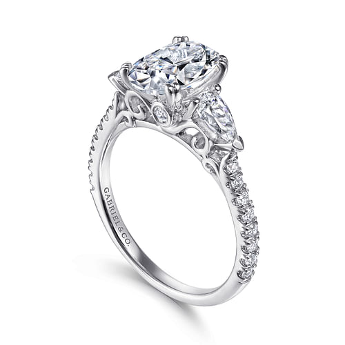 14K White Gold Oval Three Stone Diamond Engagement Ring