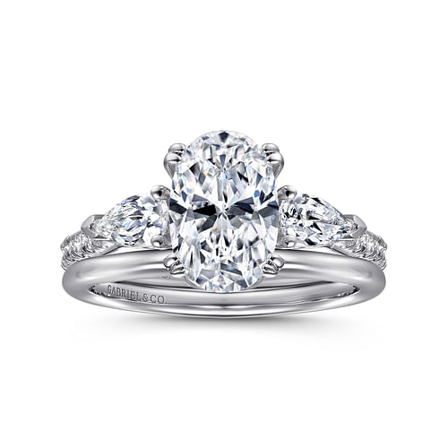 14K White Gold Oval Three Stone Diamond Engagement Ring