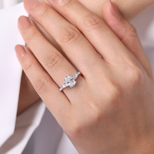 14K White Gold Oval Three Stone Diamond Engagement Ring