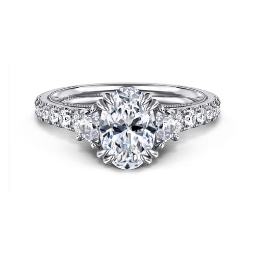 14K White Gold Oval Three Stone Diamond Engagement Ring