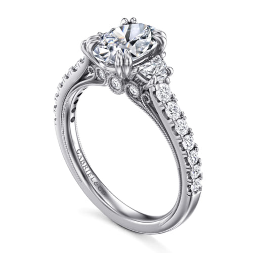 14K White Gold Oval Three Stone Diamond Engagement Ring