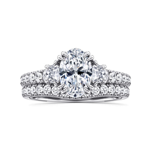 14K White Gold Oval Three Stone Diamond Engagement Ring