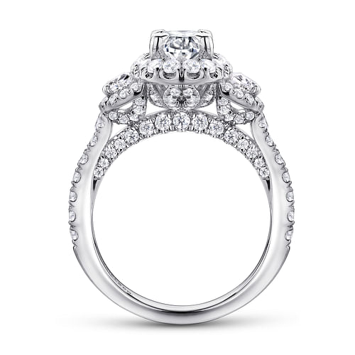 14K White Gold Oval Three Stone Halo Diamond Channel Set Engagement Ring