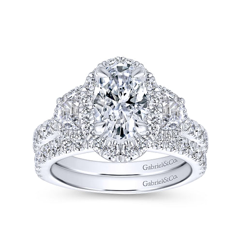 14K White Gold Oval Three Stone Halo Diamond Channel Set Engagement Ring