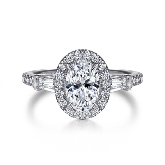 Gabriel - 14K White Gold Oval Three Stone Halo Diamond Channel Set Engagement Ring
