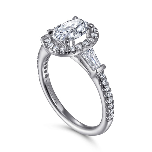 14K White Gold Oval Three Stone Halo Diamond Channel Set Engagement Ring