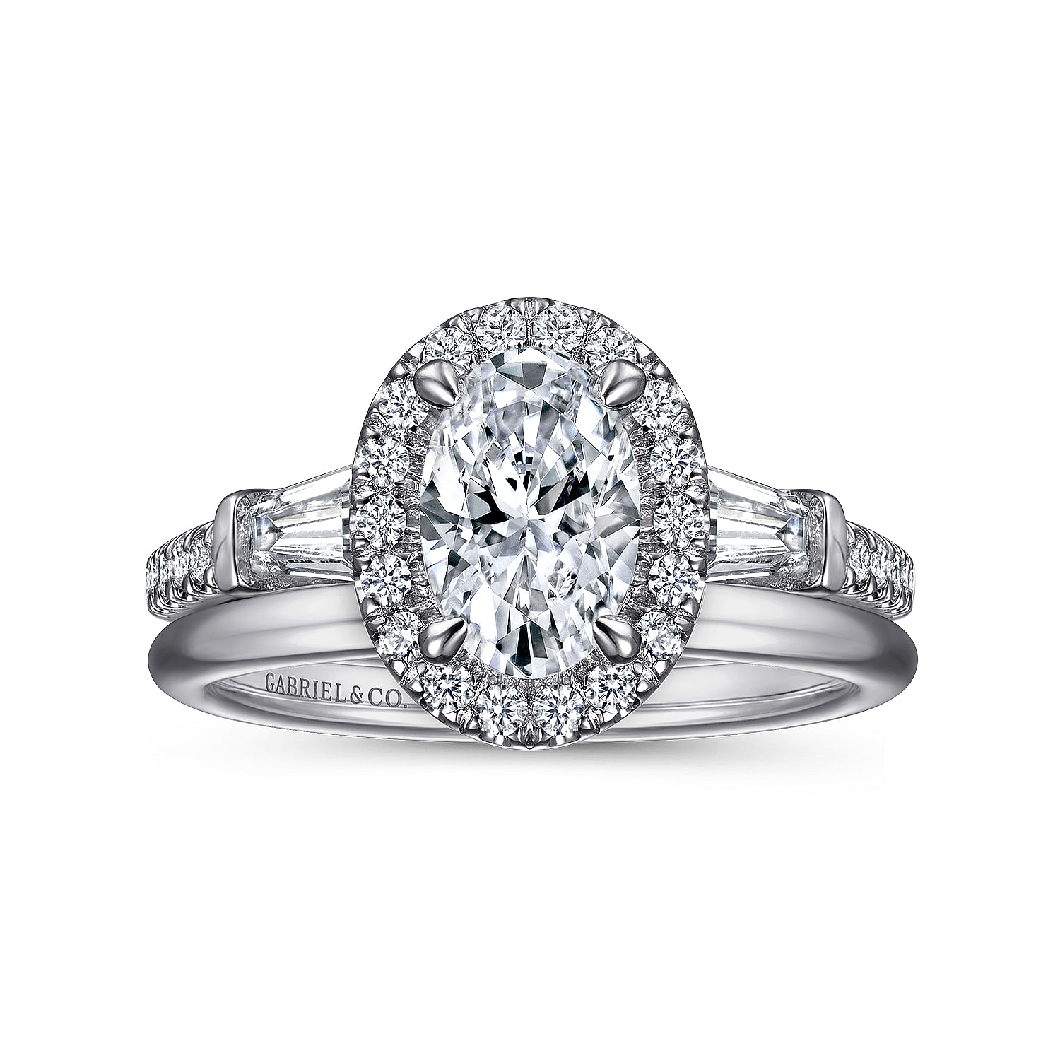 14K White Gold Oval Three Stone Halo Diamond Channel Set Engagement Ring