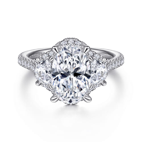 14K White Gold Oval Three Stone Halo Diamond Engagement Ring