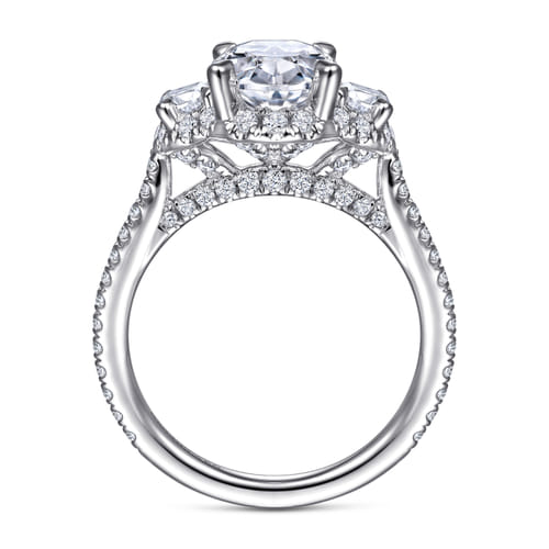 14K White Gold Oval Three Stone Halo Diamond Engagement Ring