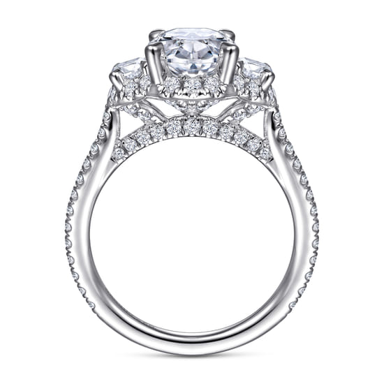 14K White Gold Oval Three Stone Halo Diamond Engagement Ring angle 2