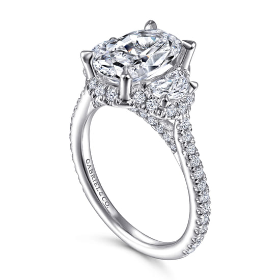 14K White Gold Oval Three Stone Halo Diamond Engagement Ring angle 3