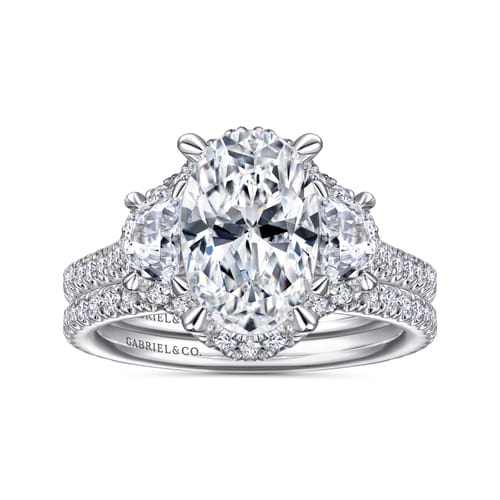 14K White Gold Oval Three Stone Halo Diamond Engagement Ring
