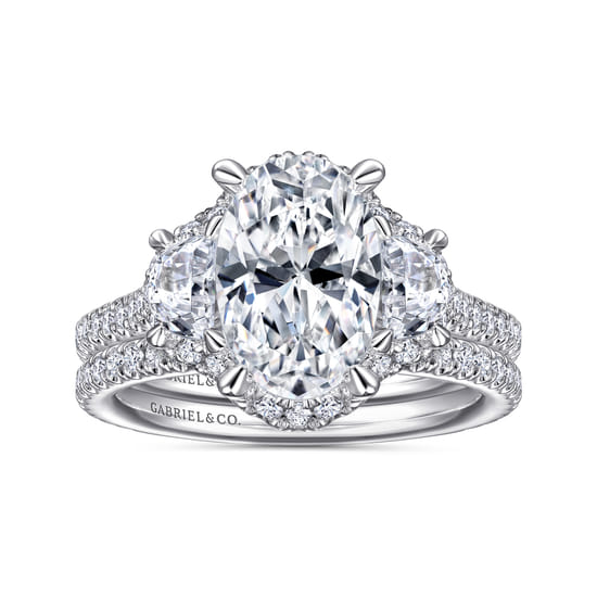 14K White Gold Oval Three Stone Halo Diamond Engagement Ring angle 4