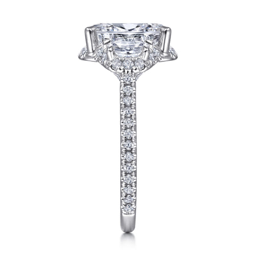 14K White Gold Oval Three Stone Halo Diamond Engagement Ring