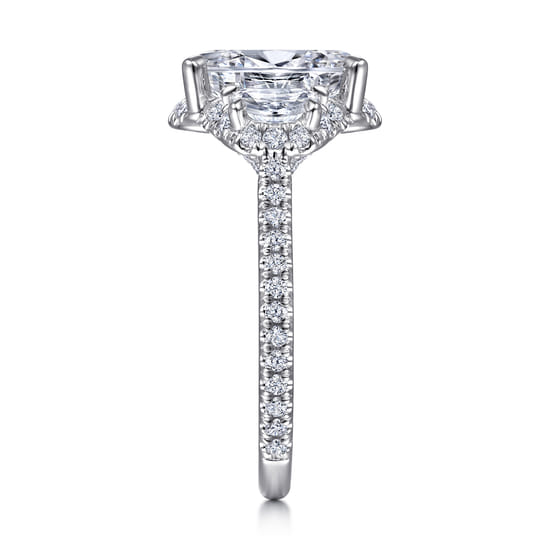 14K White Gold Oval Three Stone Halo Diamond Engagement Ring angle 5