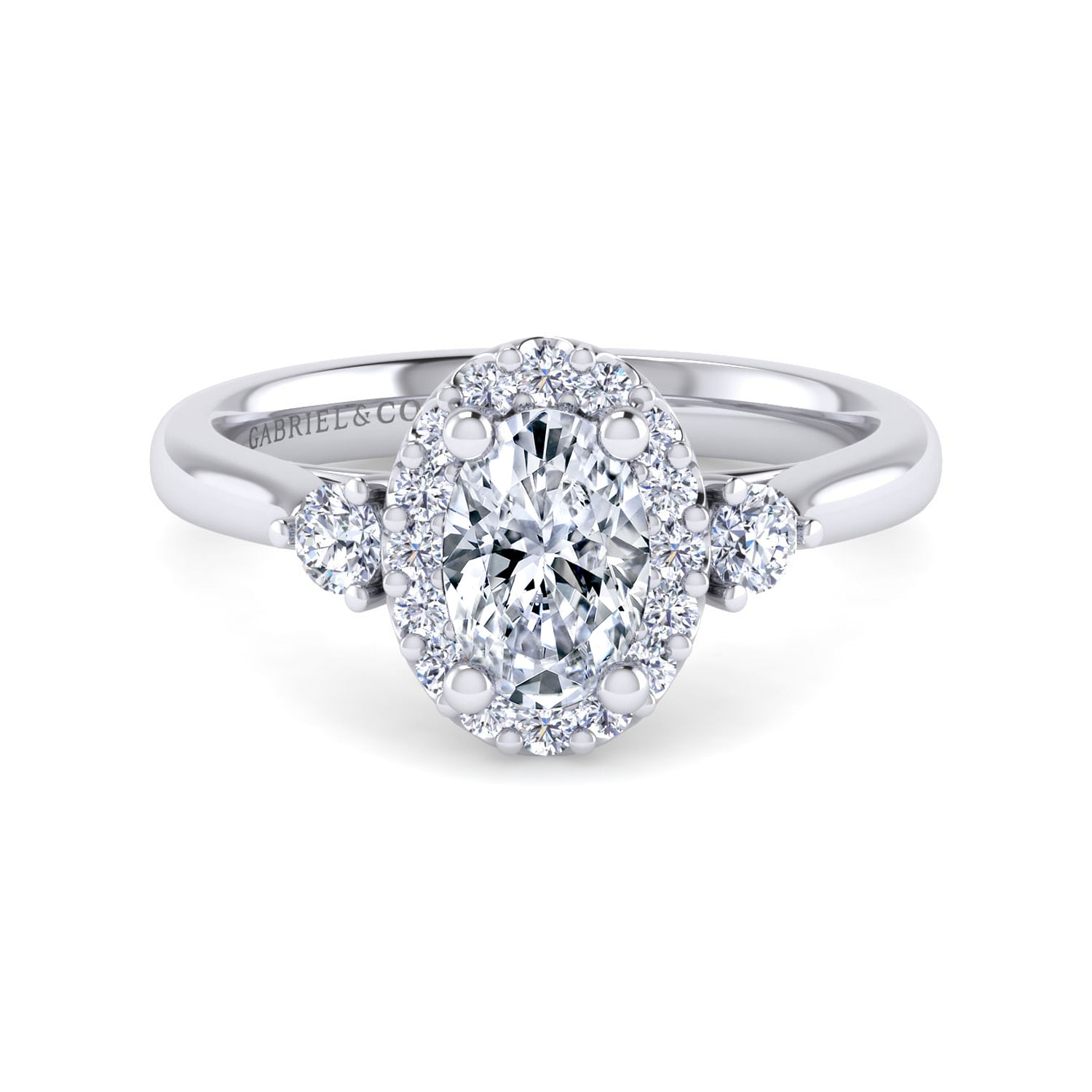 Gabriel - 14K White Gold Oval Three Stone Halo Diamond Engagement Ring