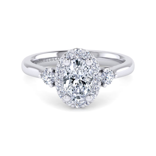 Gabriel - 14K White Gold Oval Three Stone Halo Diamond Engagement Ring