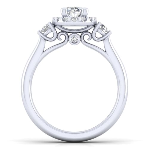 14K White Gold Oval Three Stone Halo Diamond Engagement Ring