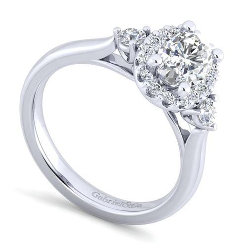 14K White Gold Oval Three Stone Halo Diamond Engagement Ring