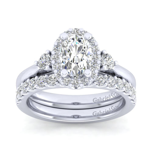14K White Gold Oval Three Stone Halo Diamond Engagement Ring