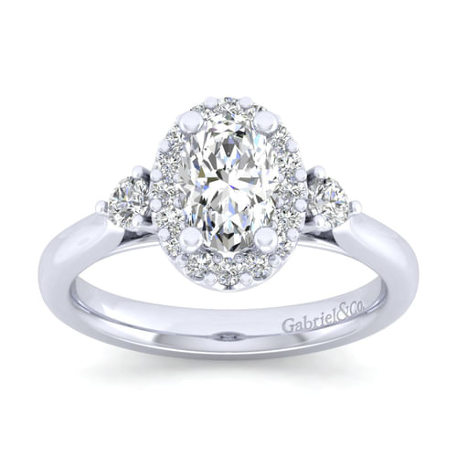 14K White Gold Oval Three Stone Halo Diamond Engagement Ring