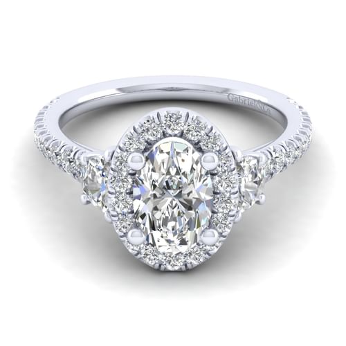 14K White Gold Oval Three Stone Halo Diamond Engagement Ring