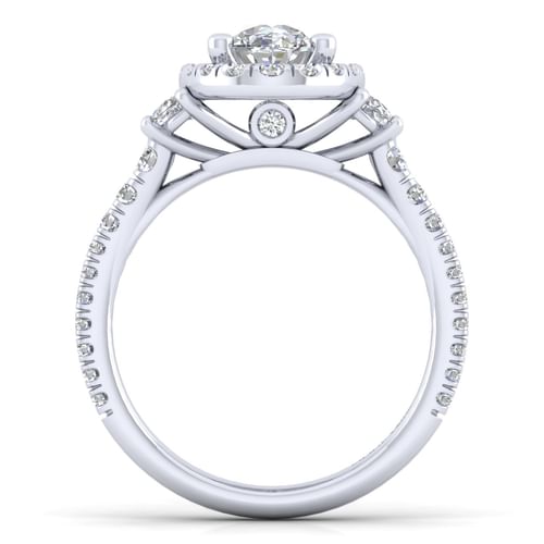 14K White Gold Oval Three Stone Halo Diamond Engagement Ring