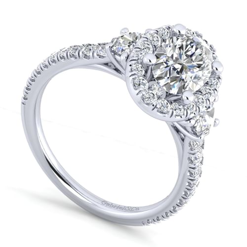 14K White Gold Oval Three Stone Halo Diamond Engagement Ring