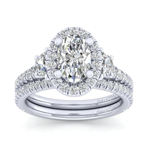 14K White Gold Oval Three Stone Halo Diamond Engagement Ring