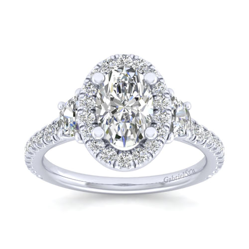 14K White Gold Oval Three Stone Halo Diamond Engagement Ring