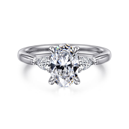 14K White Gold Oval Three Stone Lotus Diamond Engagement Ring
