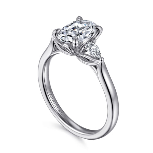 14K White Gold Oval Three Stone Lotus Diamond Engagement Ring