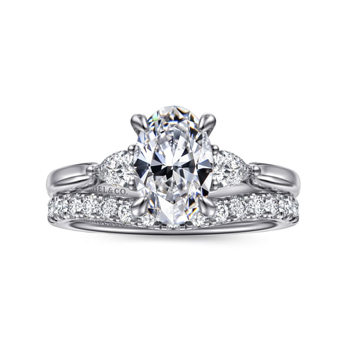 14K White Gold Oval Three Stone Lotus Diamond Engagement Ring